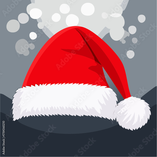 A classic red Santa hat with a fluffy white pom-pom, a simple vector graphic icon representing the festive spirit and concept of the Christmas holiday celebration