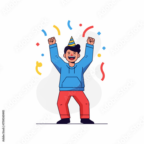 A young man cheerfully celebrating with confetti and party hat, conveying joy and excitement, perfect for festive occasions and happy moments