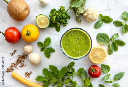 Vibrant green smoothie ingredients arranged on white marble , food styling, top