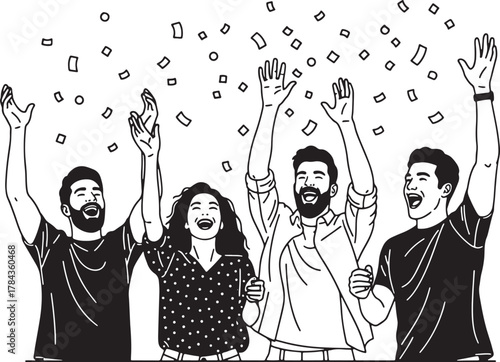 Group of people celebrating with confetti and raised arms