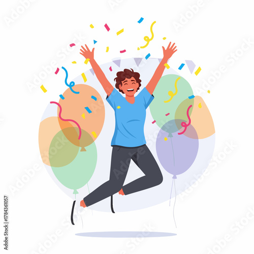 Joyful Person Jumping Mid-air Surrounded by Balloons and Confetti Celebrating a Success or Special Occasion