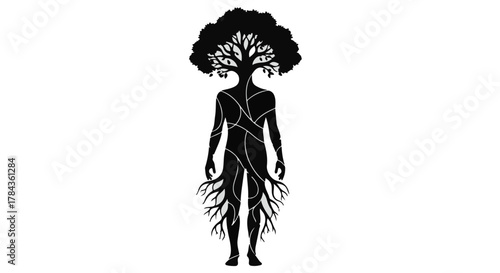 Silhouette of a person with a tree growing from their head and roots for legs, symbolizing nature and humanity connection.