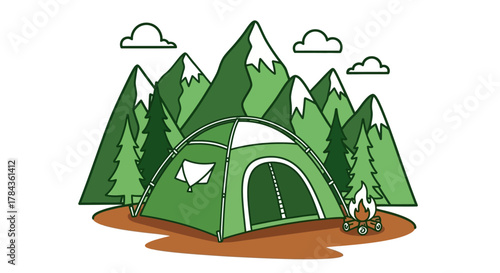 A green camping tent set up in a mountainous landscape with pine trees and a campfire under a cloudy sky, depicting an outdoor adventure scene.