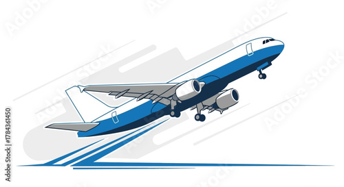 Illustration of a blue and white airplane taking off.