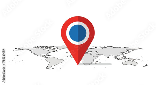 Red location pin with a blue center marking a spot on a grey world map.