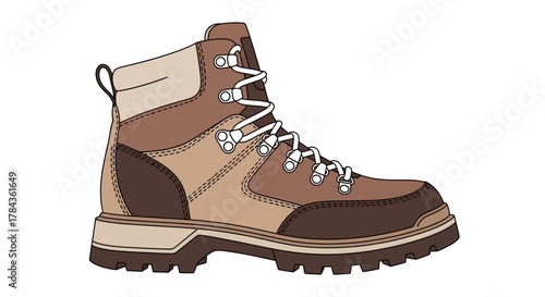 Detailed illustration of a sturdy brown and tan hiking boot with white laces.