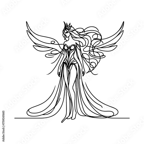 Valkyrie line art — elegant black and white vector of a mythical warrior woman with flowing hair and wings, feminine minimalist illustration in SVG style