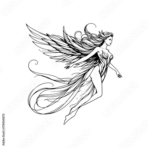 Valkyrie line art — elegant black and white vector of a mythical warrior woman with flowing hair and wings, feminine minimalist illustration in SVG style