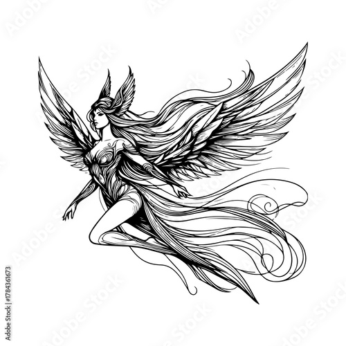 Valkyrie line art — elegant black and white vector of a mythical warrior woman with flowing hair and wings, feminine minimalist illustration in SVG style
