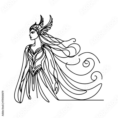 Valkyrie line art — elegant black and white vector of a mythical warrior woman with flowing hair and wings, feminine minimalist illustration in SVG style