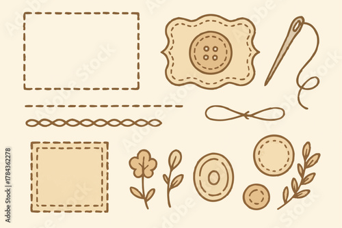 ナチュラルで可憐な縫い目と針のイラストセット｜刺繍風ステッチデザイン素材