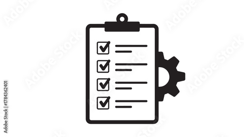 Checklist on clipboard with gear simple flat icon for process management and settings isolated on white background