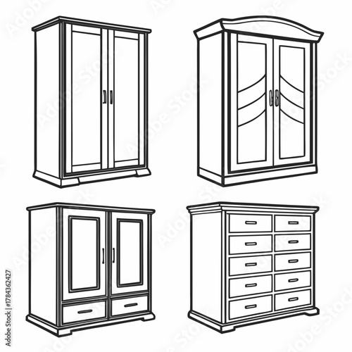 Four vector icons of wardrobes and dresser closet chest of drawers