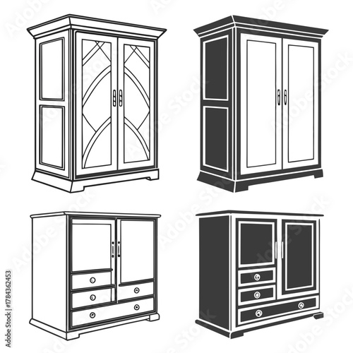 Four vector icons of wardrobes and dressers closet