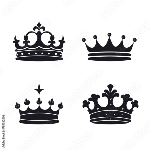 A set of four black royal crown silhouettes. Includes elegant regal designs, from simple to ornate. Isolated vector icons symbolizing power and luxury, perfect for logos or emblems