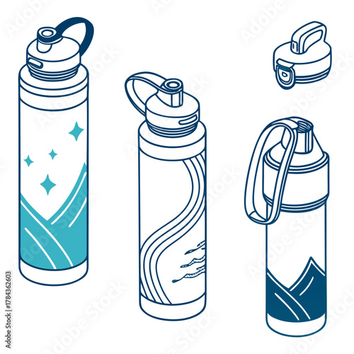 Three water bottles and a cap in isometric view drink