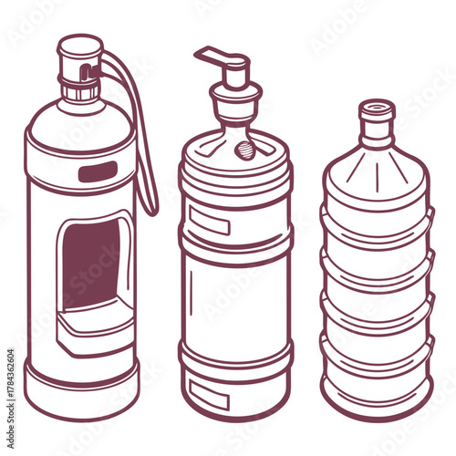 Three water cooler bottles flat outline water bottle