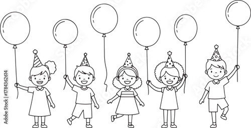 Children in party hats holding balloons celebrating a birthday