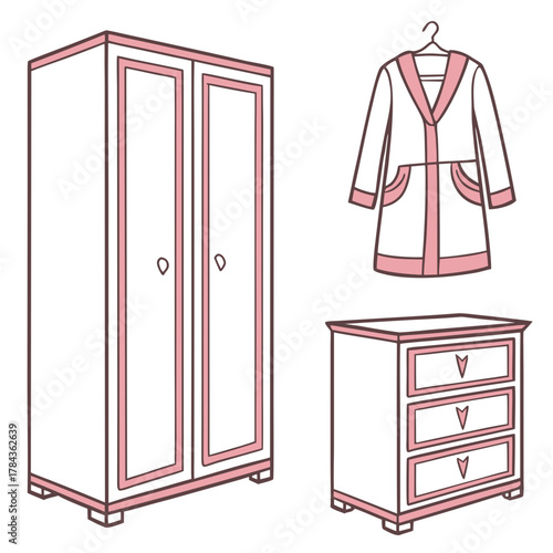 White and pink wardrobe dresser and robe icons nightstand