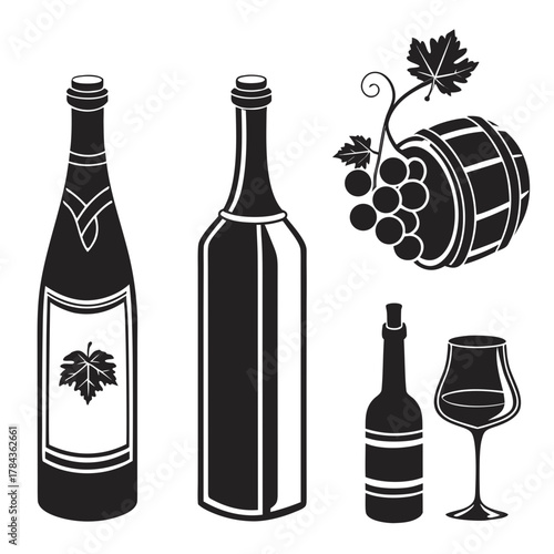 Black silhouettes of wine bottles barrel and glass