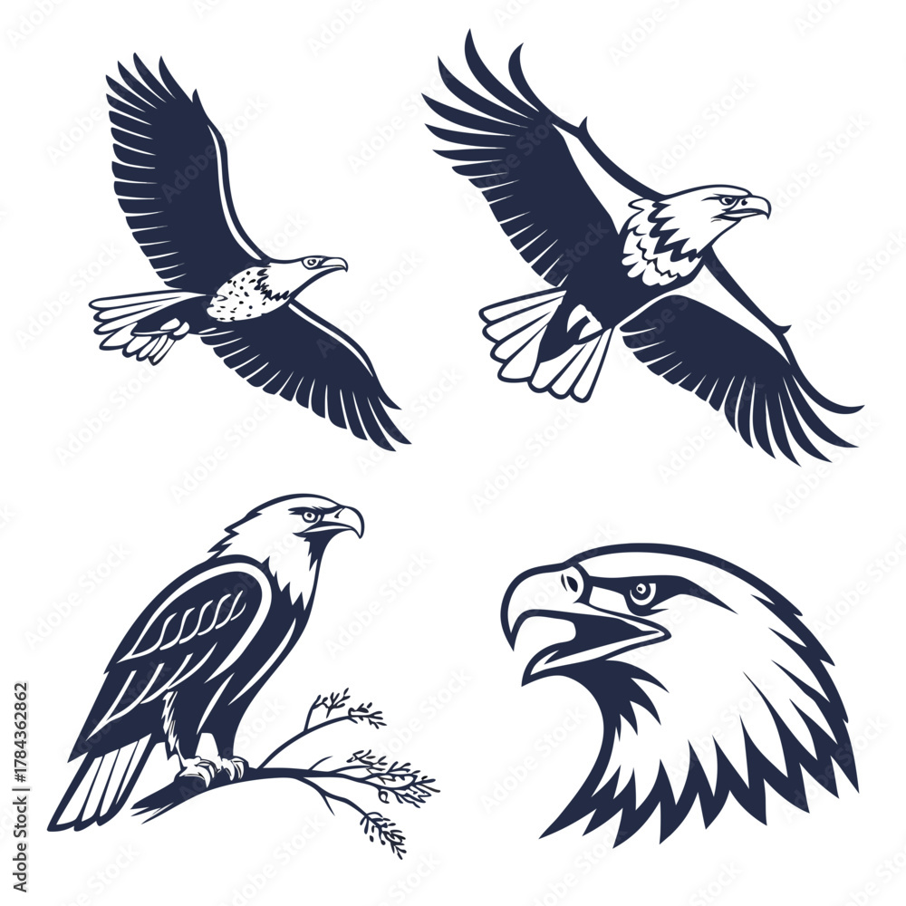Obraz premium Four dark blue eagle illustrations on white background