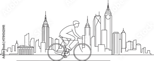 Cyclist rides through a stylized new york city skyline sketch