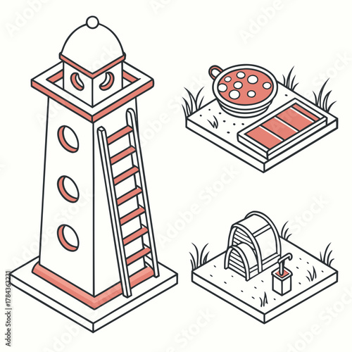 Isometric lighthouse bird feeder and water pump icons