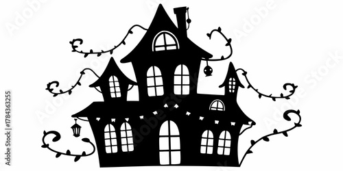 Silhouette of a spooky haunted house with vines and windows on white background vector illustration