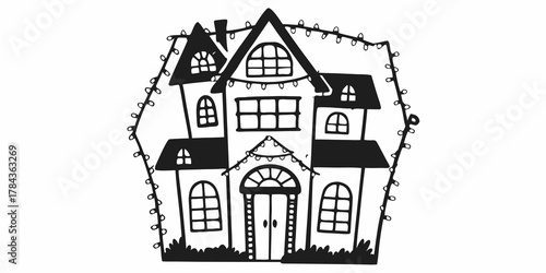 Illustration of a spooky house with string lights and multiple windows in black and white style