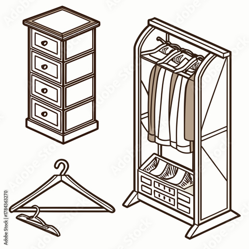 Isometric wardrobe dresser and hangers vector icons