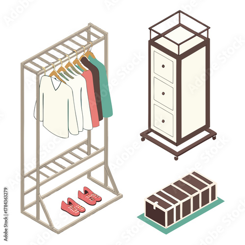 Isometric wardrobe rack chest of drawers and trunk