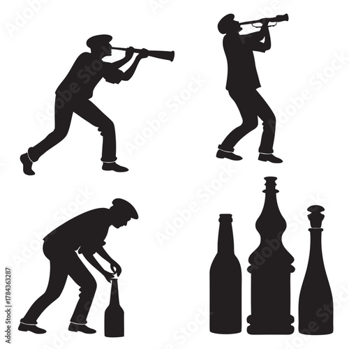 Silhouettes of musicians and bottles on white background