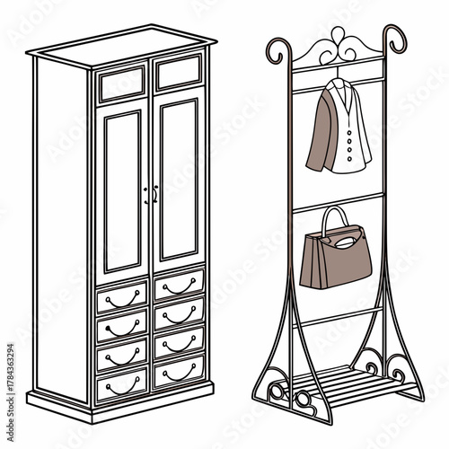 Tall wooden wardrobe and metal clothing rack with garments