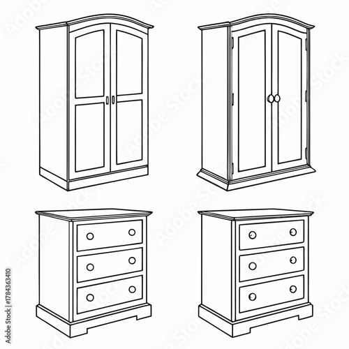 Two wardrobes and two chests of drawers line art closet