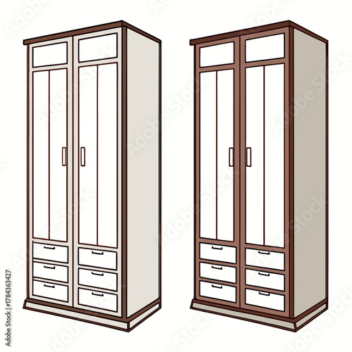 Two tall wardrobes with drawers and doors closet furniture