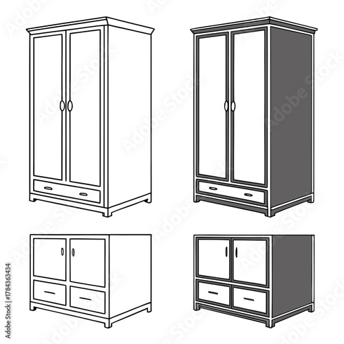 Two wardrobes and two chests of drawers vector icons