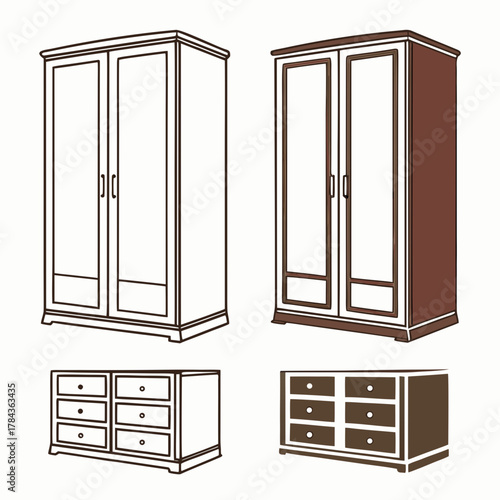 Two wardrobes and two dressers with wood gradient closet