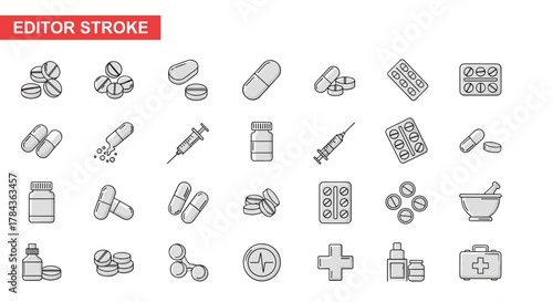 A comprehensive collection of thin, editable stroke icons representing pills, medication, syringes, bottles, and medical equipment, perfect for web, books, cards, and apps, presented as a versatile