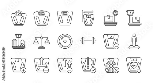 Collection of diverse line icons representing various types of scales, including bathroom scales, luggage scales, industrial scales, and balance scales, suitable for graphic and web design, apps, and