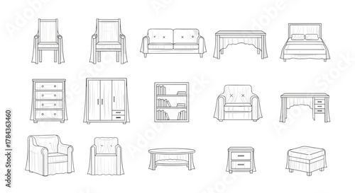 Collection of line art furniture icons covered with organza fabric, presented on a clean white background, offering a sophisticated and elegant aesthetic for interior design and home decor projects.