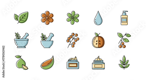 Set of 15 flat design icons representing nature and organic cosmetics, including leaves, flowers, berries, fruits, mortar and pestle, cream jars, and a dispenser bottle, perfect for beauty and