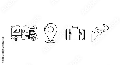 Collection of thin line icons representing travel and navigation: a motorhome, a map pin, a suitcase, and a directional arrow, suitable for web, apps, and print media, with editable strokes and a