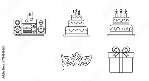 Modern line icon set for party and celebration designs, featuring a musical center, tiered birthday cakes, a masquerade mask, and a gift box with a bow, perfect for websites, apps, and greeting