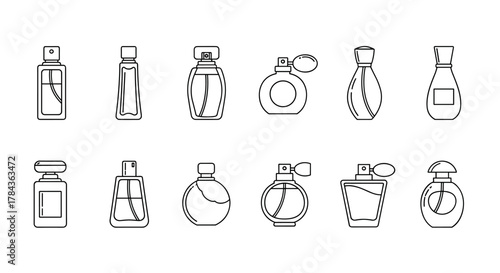 Collection of twelve outline icons representing various perfume bottles, perfect for graphic and web design, apps, adverts, and various cards. This ordered set of vector cartoon illustrations on a