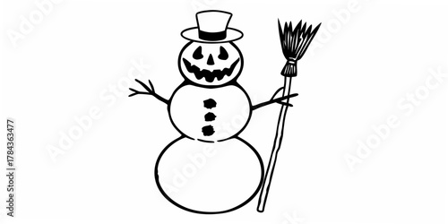 Illustration of a spooky snowman with a top hat and a broom standing to the right side of it