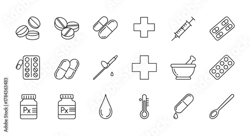 A comprehensive collection of thin line icons representing pills, capsules, blister packs, prescription bottles, a syringe, a mortar and pestle, a thermometer, a dropper, a spoon, and medical