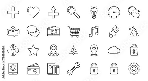 A comprehensive collection of outline icons for graphic and web design, featuring essential symbols like a plus sign, heart, loupe, lightbulb, clock, speech bubbles, camera, shopping cart, music