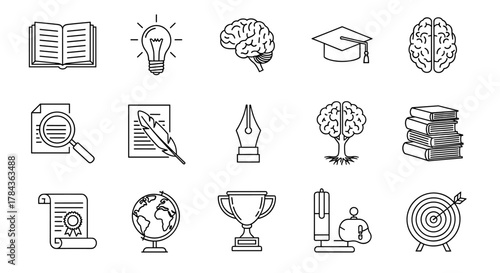 A collection of clean, modern outline icons representing knowledge and education, including an open book, a lightbulb, a brain, a graduation cap, a magnifying glass, a quill pen, a fountain pen, a