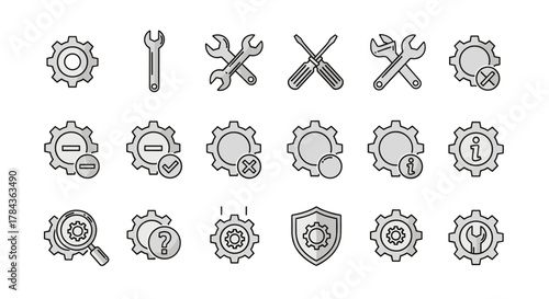 Collection of thin line icons representing settings, tools, and technical operations, including gears, wrenches, screwdrivers, magnifying glass, question mark, information symbol, shield, and