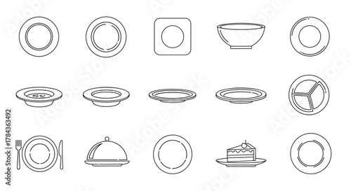 A diverse collection of minimalistic linear outline icons representing various plates, bowls, and dining utensils, perfect for web and graphic design, apps, banners, social networks, and cards